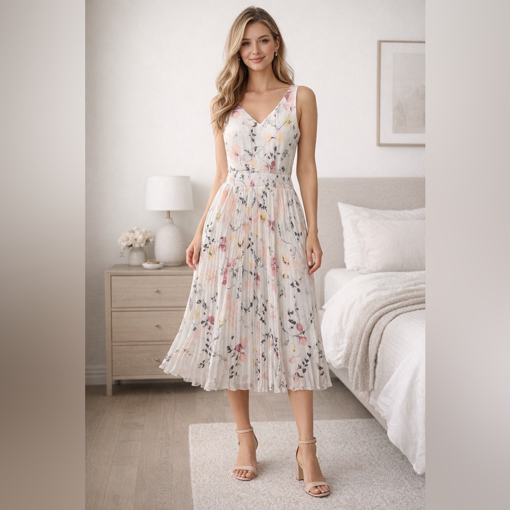 White House Black Market Floral V-Neck Midi Dress